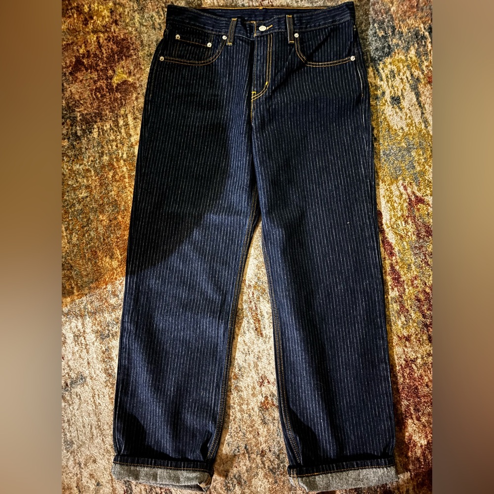 Levis Women Straight-Leg Pro Blue Pinstripe Jeans in Dark Blue